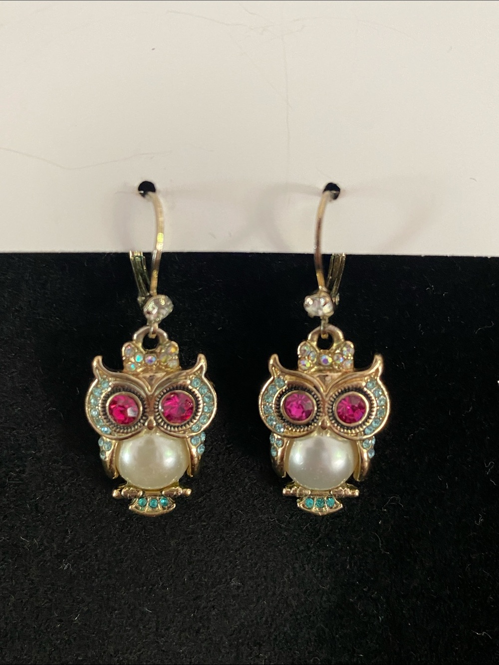 Betsey Johnson Pearl Critter Owl Drop Earrings with Pink Crystal eyes and Pearl